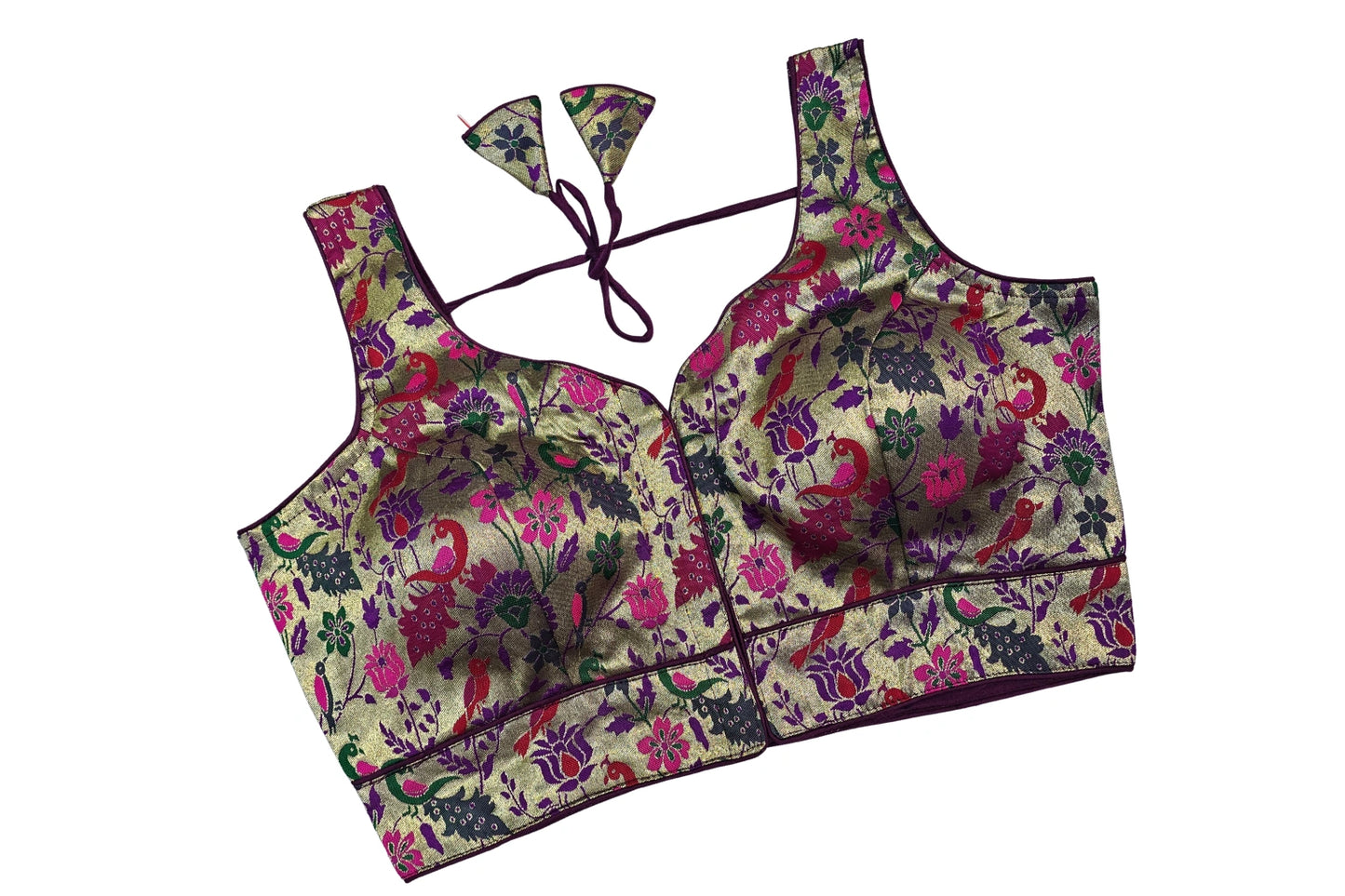 Front Hook Multicolor Woven Gold Paithani Blouse with Deep Back Knot