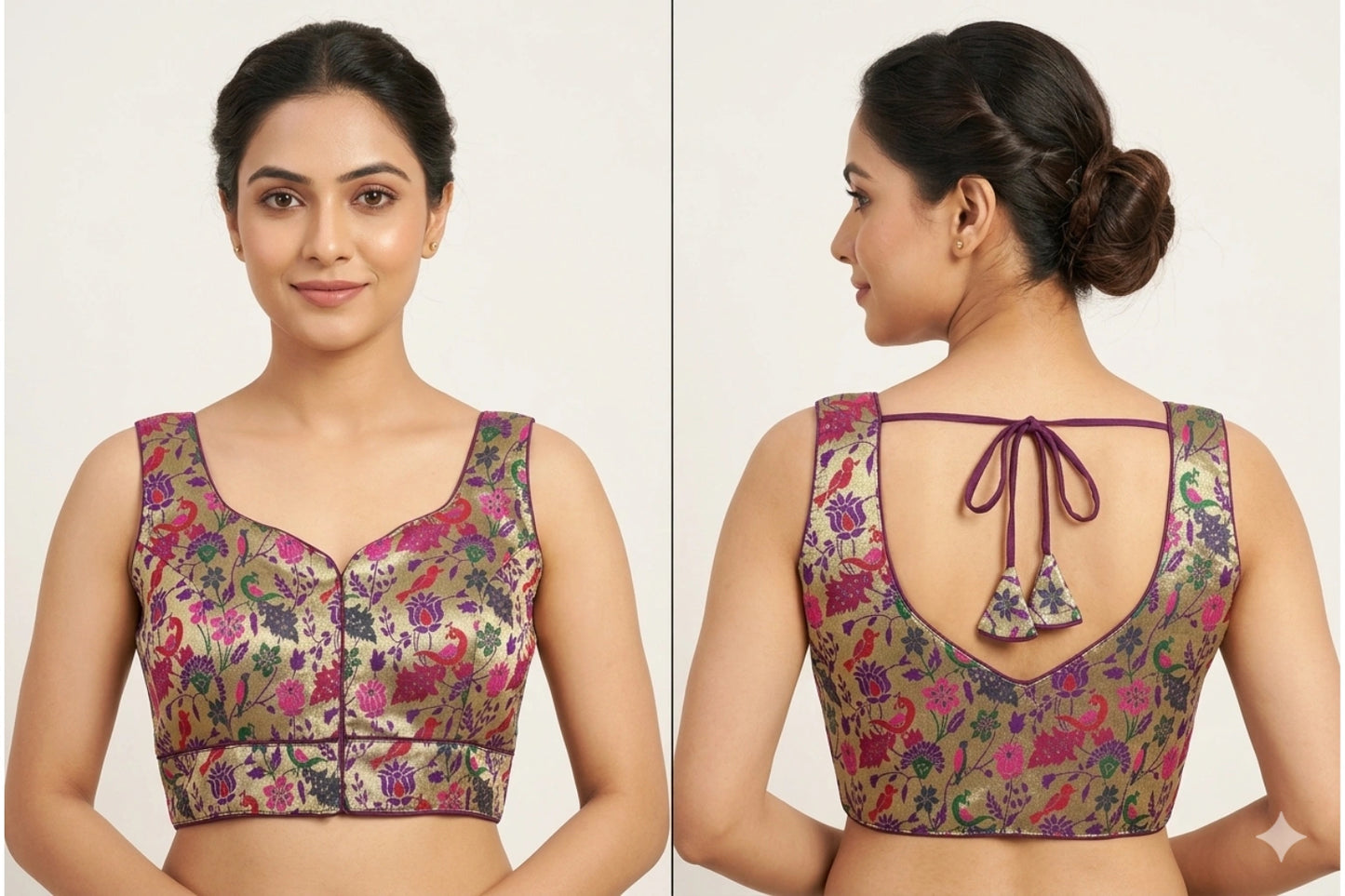Front Hook Multicolor Woven Gold Paithani Blouse with Deep Back Knot