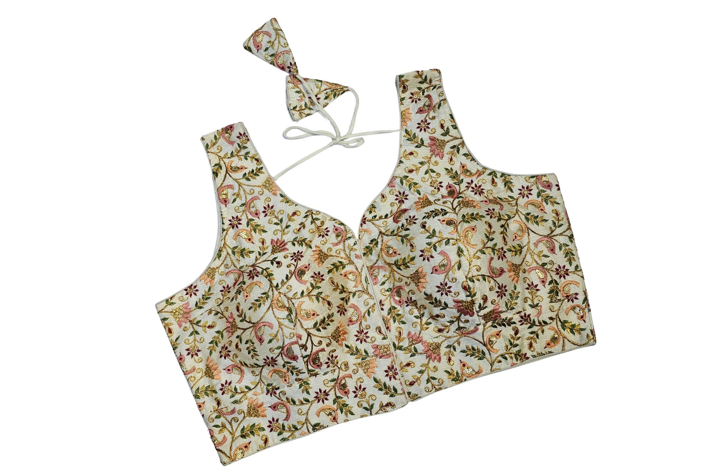 Ivory Floral Embroidered Blouse with Plus Size Fit & Tie-Up Back