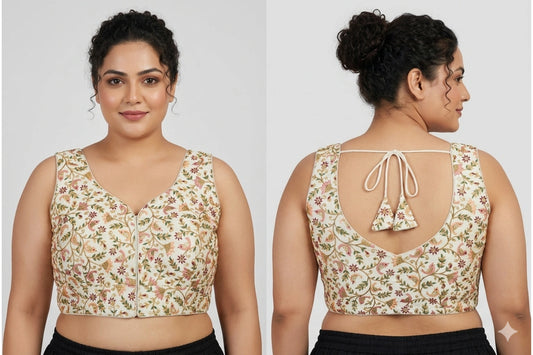 Ivory Floral Embroidered Blouse with Plus Size Fit & Tie-Up Back