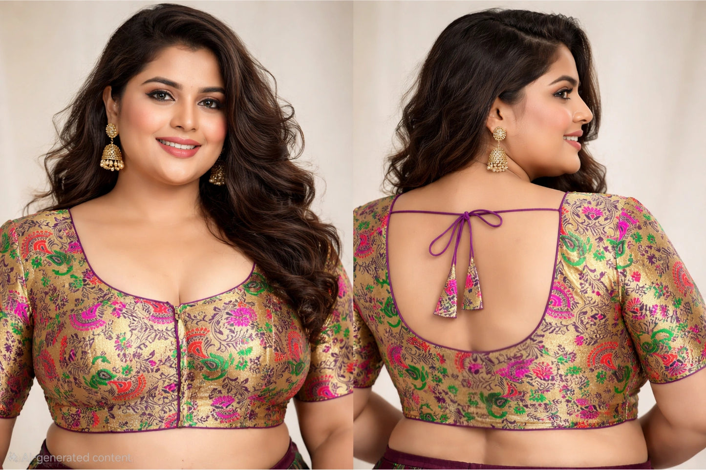 Plus Size Multicolor Paithani Design Brocade Blouse with Back Tie-Up