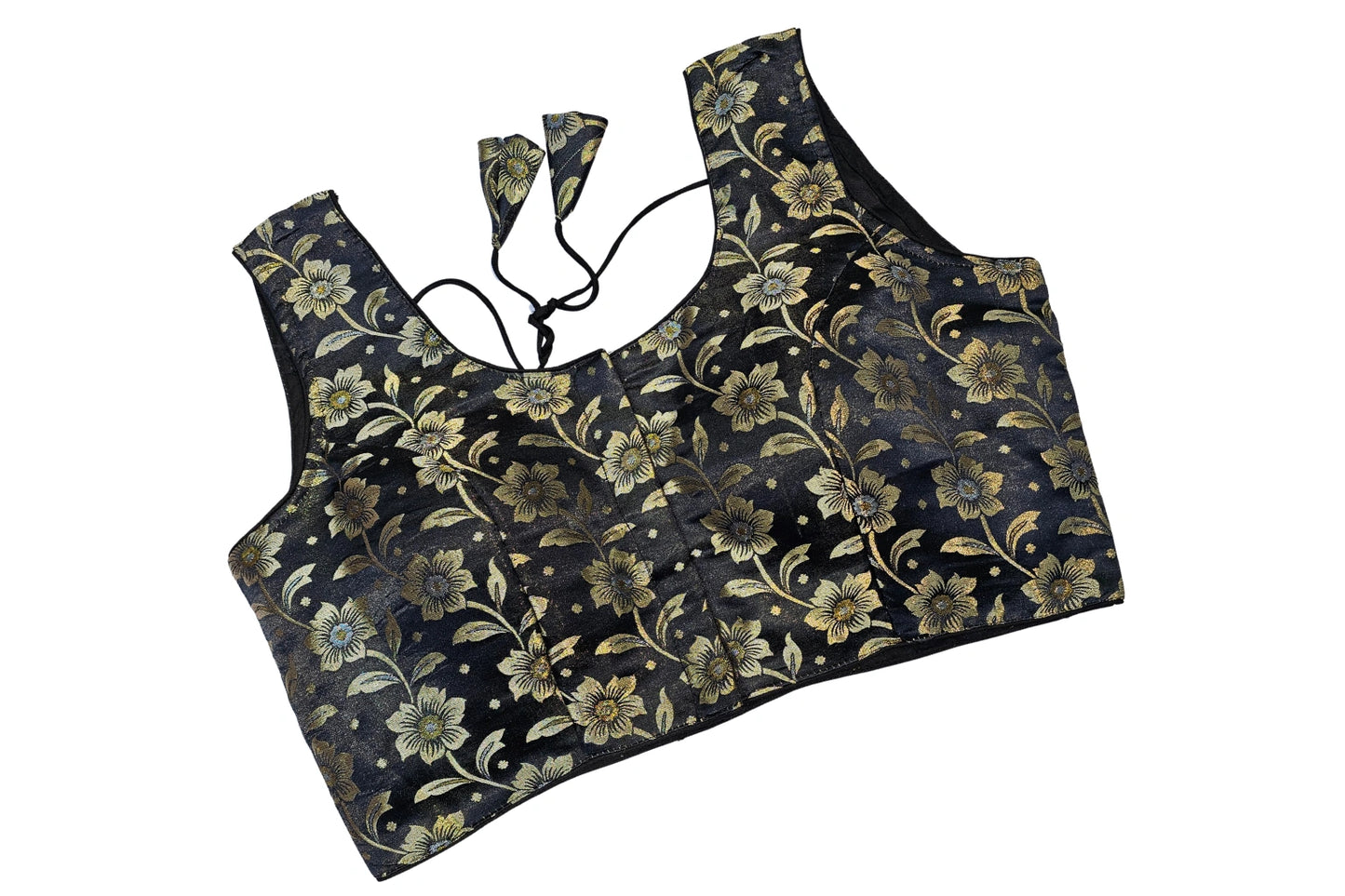 Plus Size Brocade Blouse with Floral Weave & Tassel Tie-Up Back
