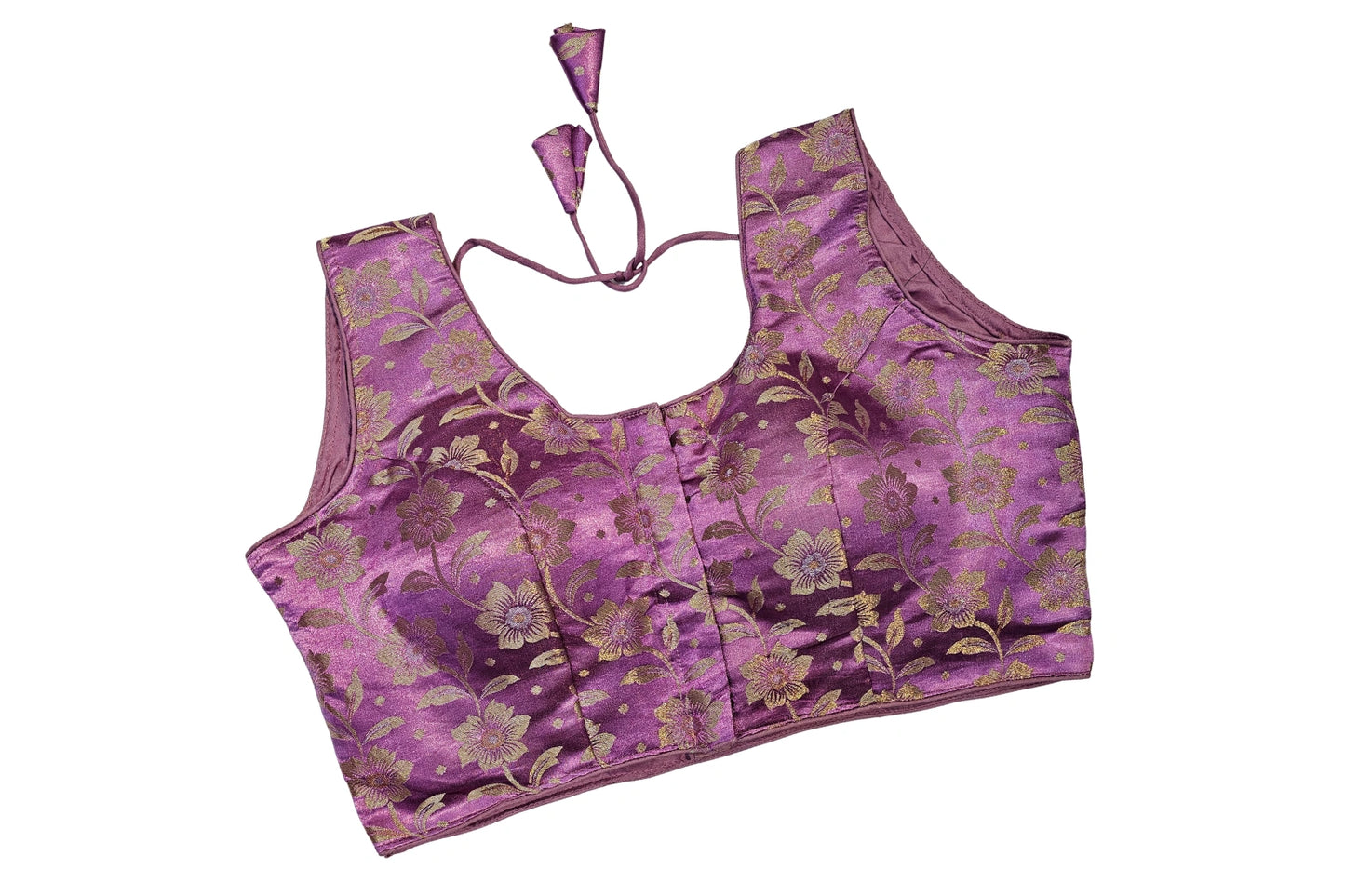 Plus Size Brocade Blouse with Floral Weave & Tassel Tie-Up Back