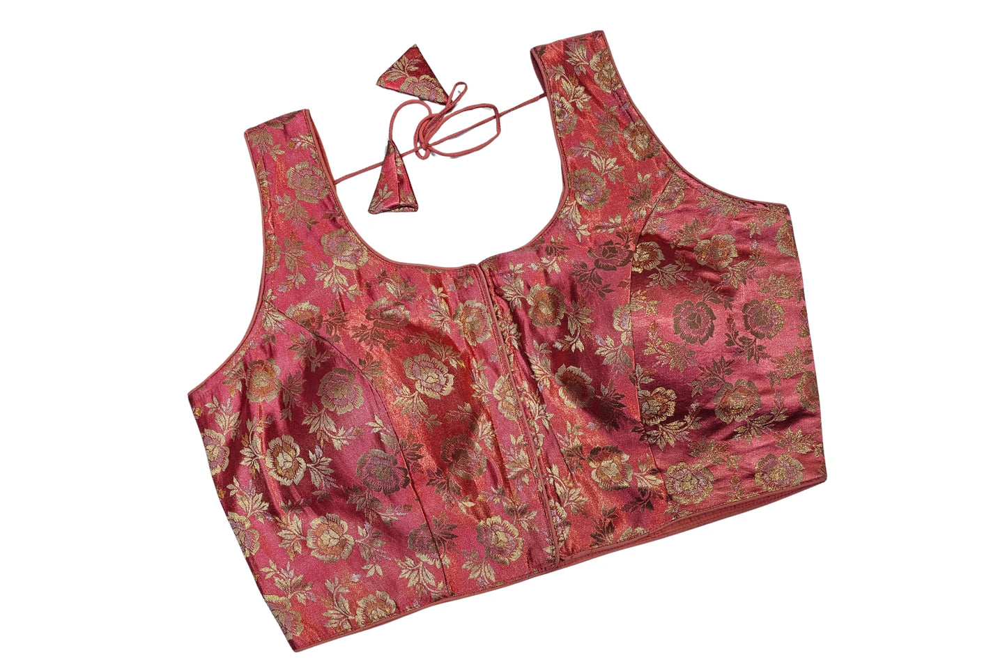 Plus Size Brocade Blouse with Floral Weave & Tassel Tie-Up Back