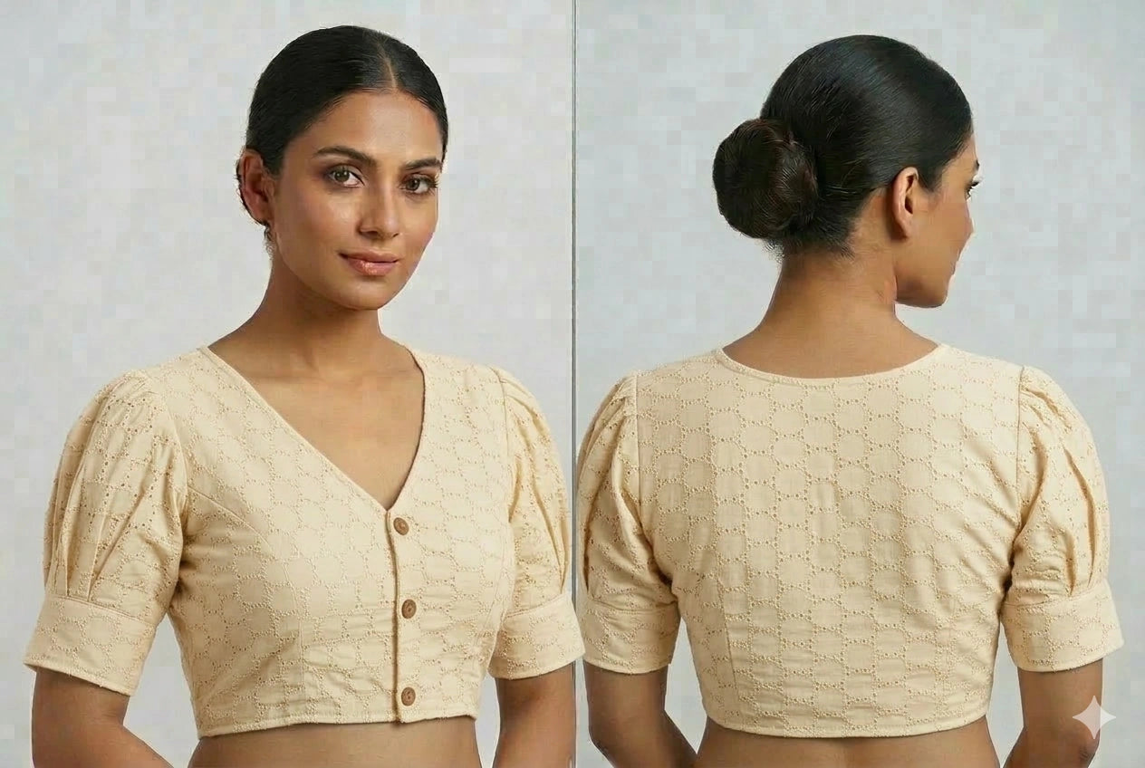 Plain Hakooba Cotton Ballon Sleeves Readymade Blouse