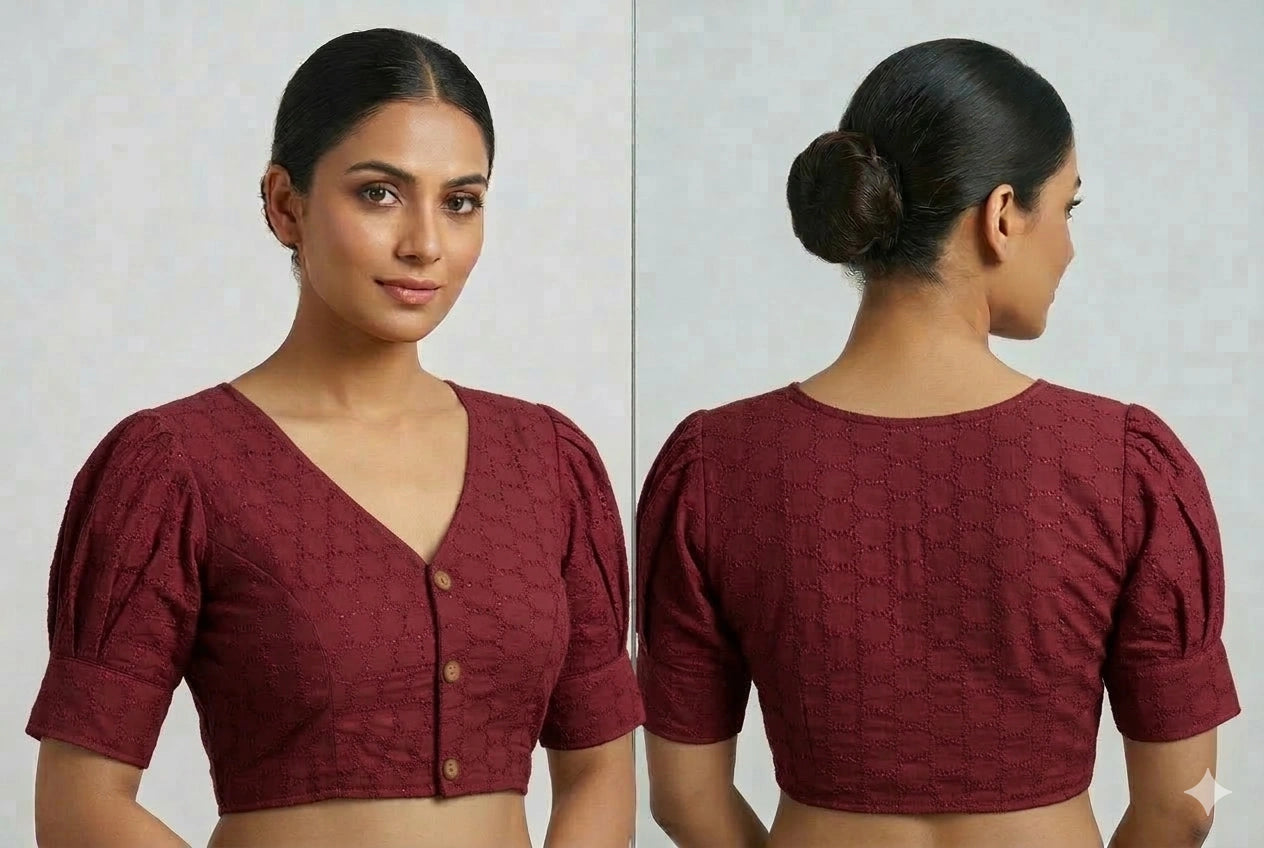 Plain Hakooba Cotton Ballon Sleeves Readymade Blouse
