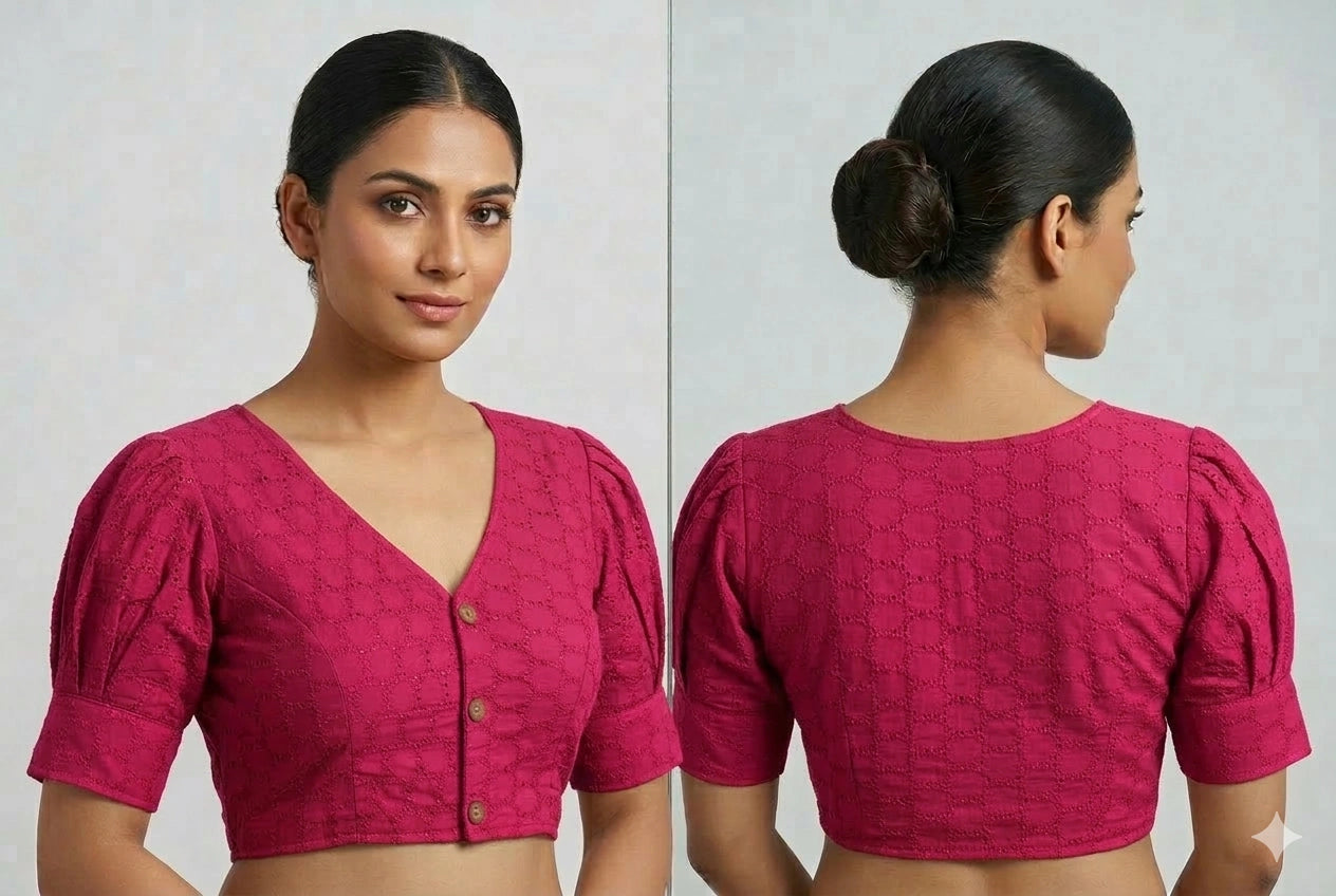 Plain Hakooba Cotton Ballon Sleeves Readymade Blouse