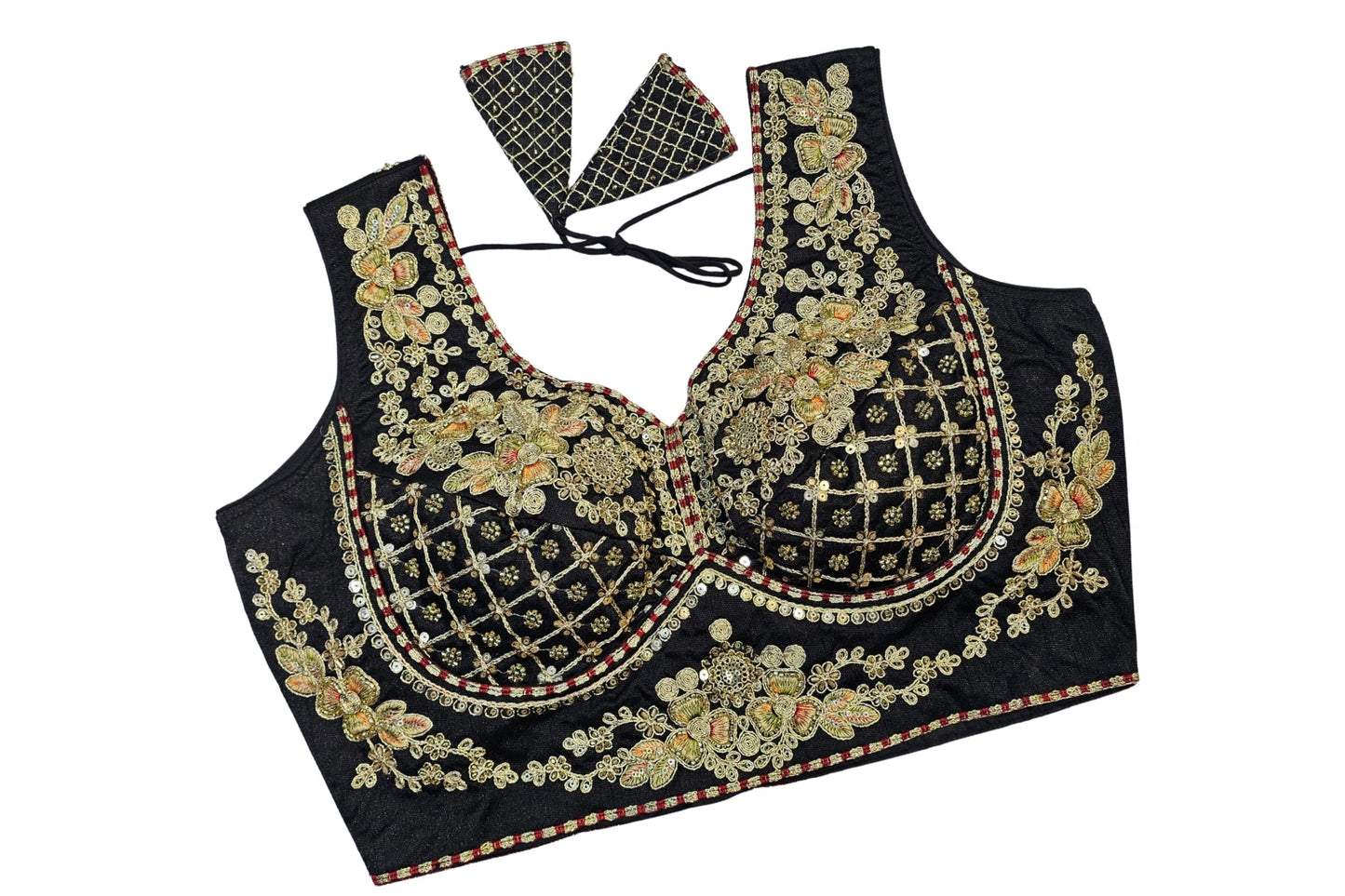 Designer Embroidered Silk Blouse with Deep Back & Latkan Detail