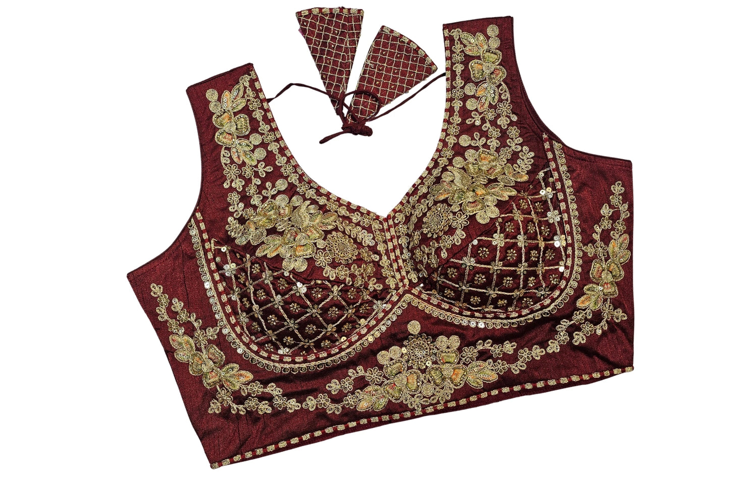 Designer Embroidered Silk Blouse with Deep Back & Latkan Detail