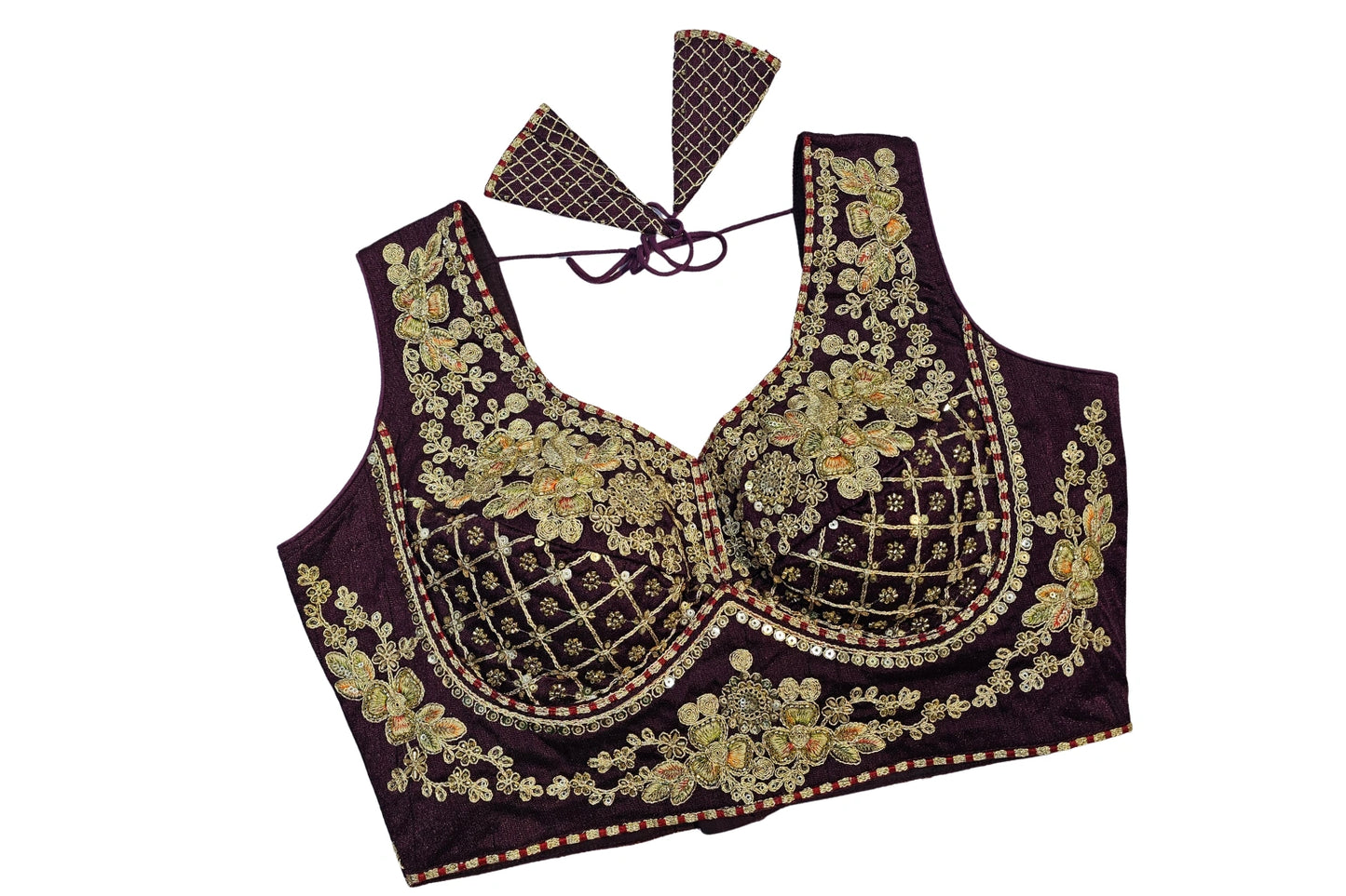 Designer Embroidered Silk Blouse with Deep Back & Latkan Detail