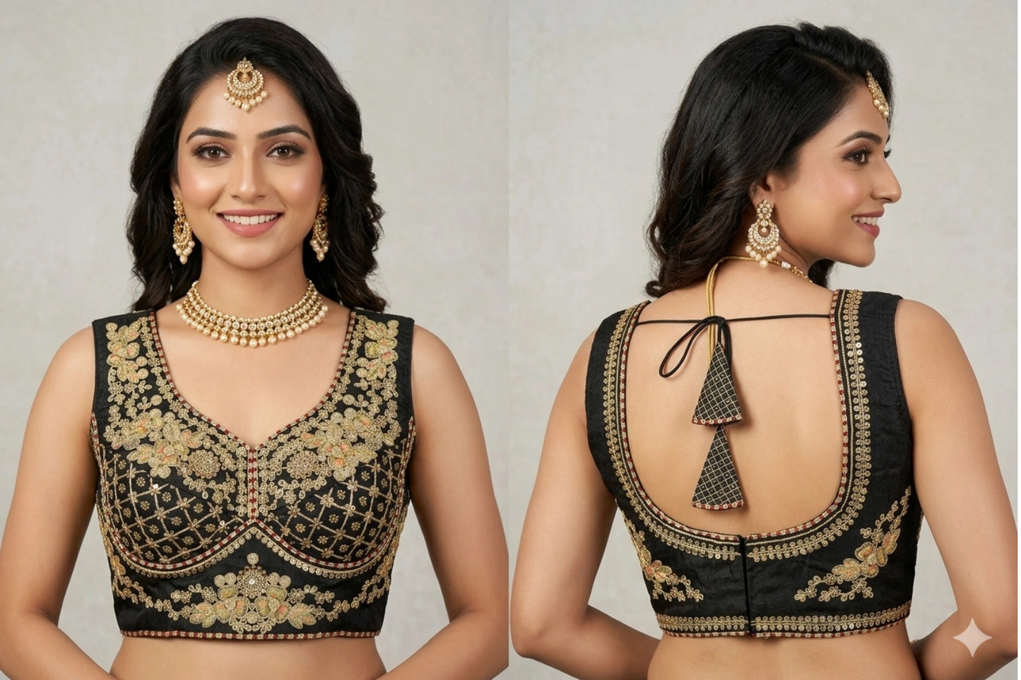 Designer Embroidered Silk Blouse with Deep Back & Latkan Detail
