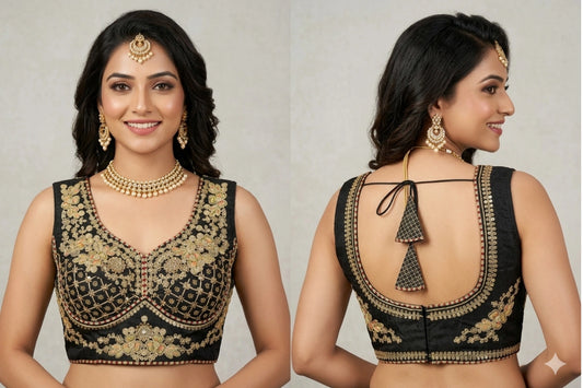 Designer Embroidered Silk Blouse with Deep Back & Latkan Detail