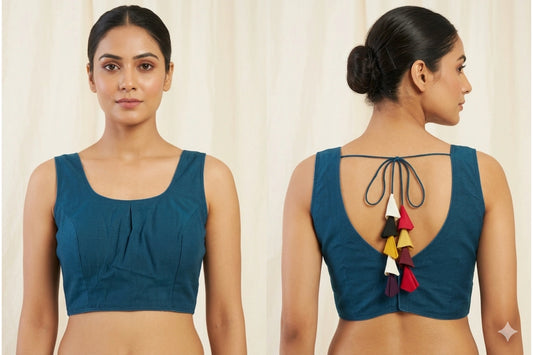 Plain Cotton Readymade Blouse with Multi color Tassel Tie-Up Back