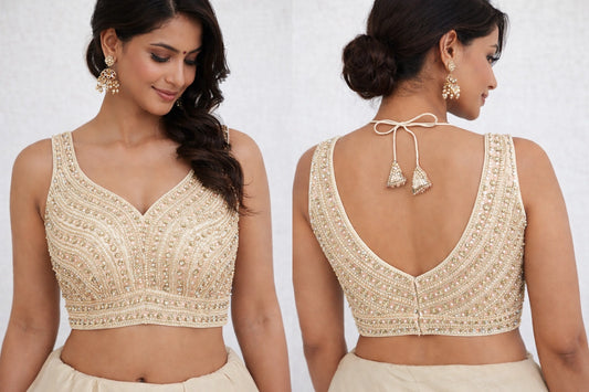Hand-Embellished V-Neck Designer Blouse with Deep Back Tie-Up