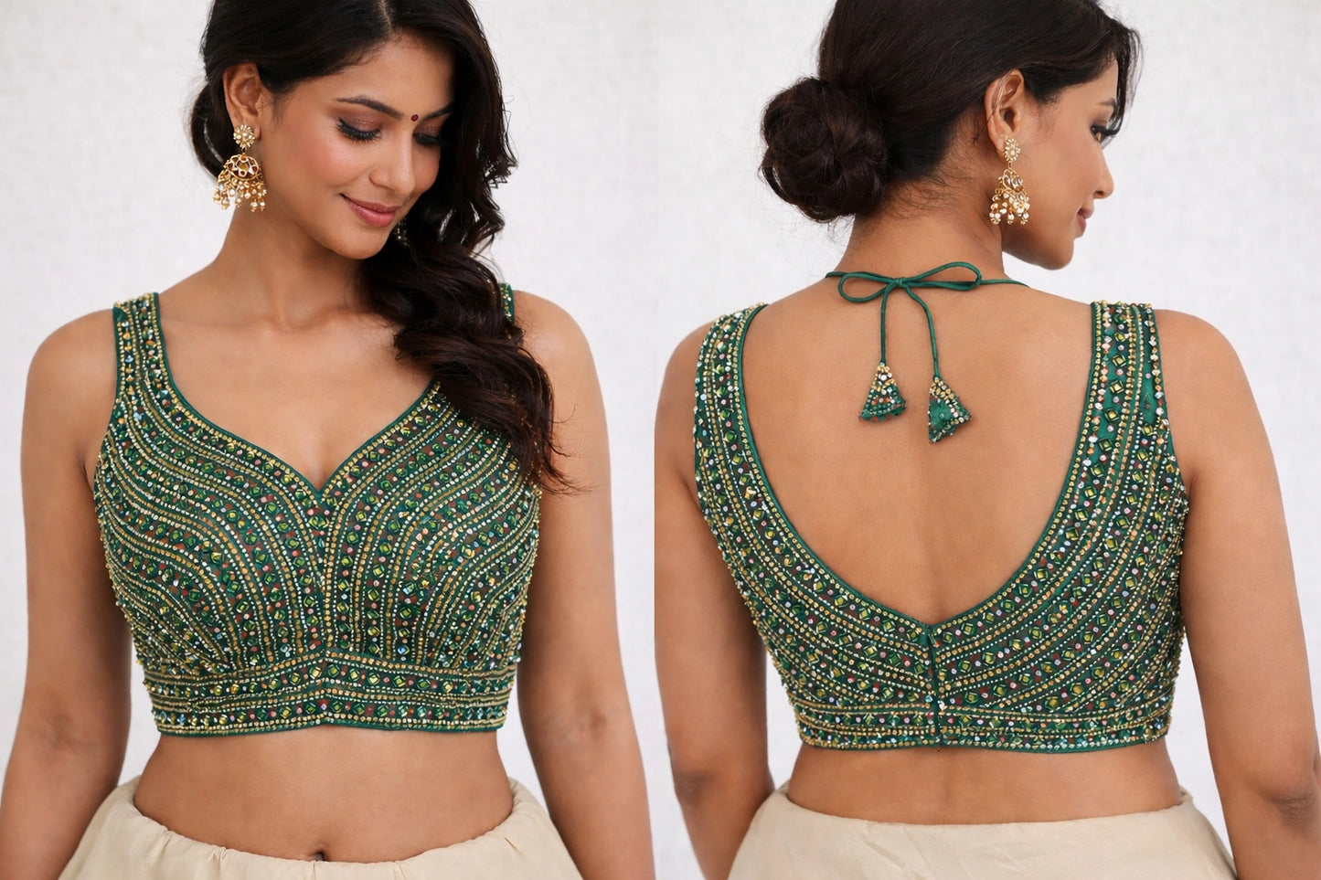 Hand-Embellished V-Neck Designer Blouse with Deep Back Tie-Up