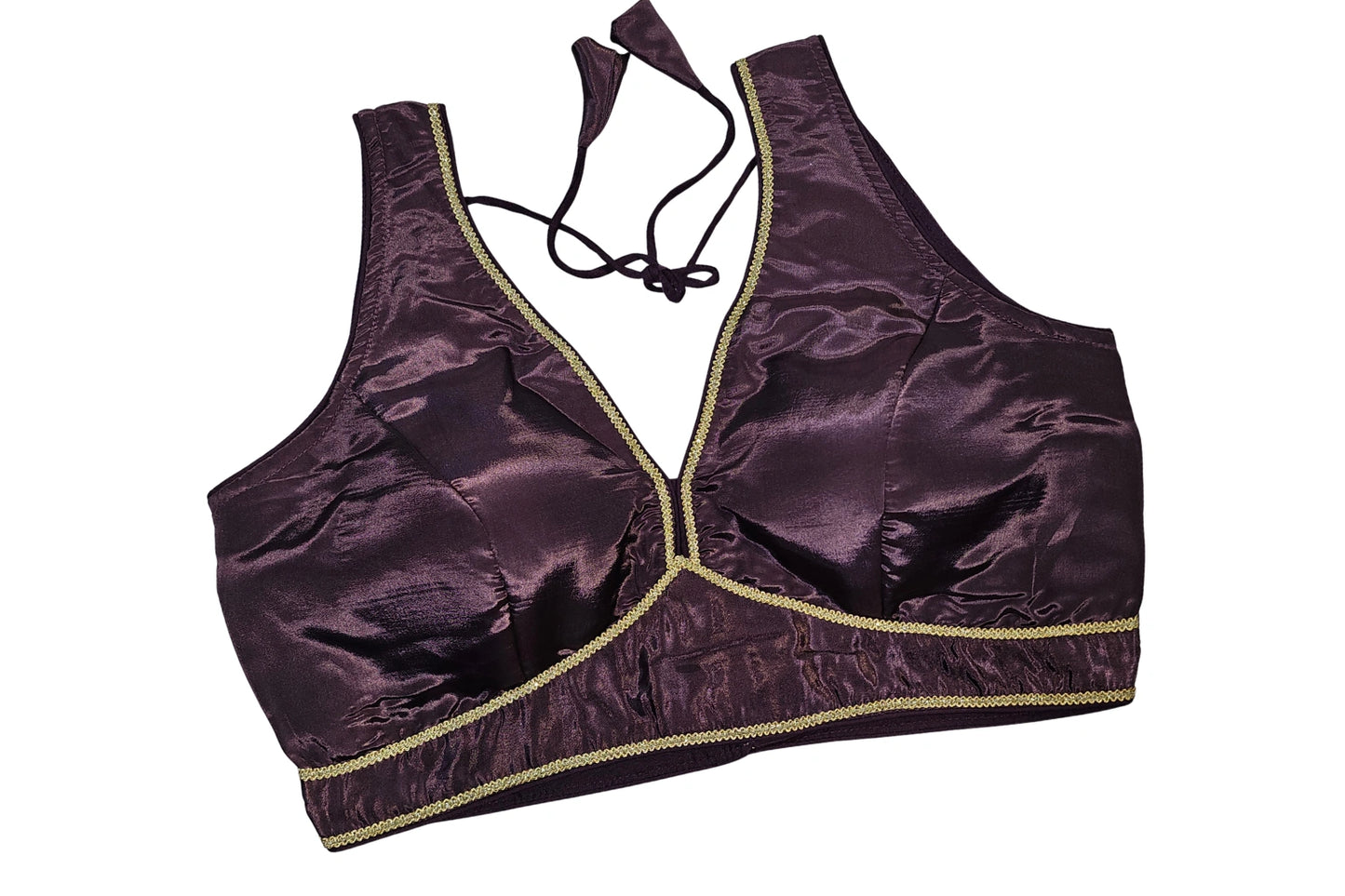 Premium Smooth Satin Finish Classic Readymade Blouse with Golden Lace