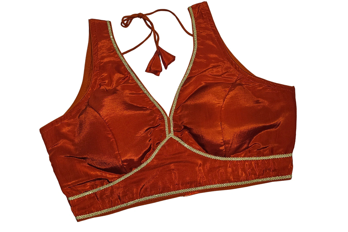 Premium Smooth Satin Finish Classic Readymade Blouse with Golden Lace