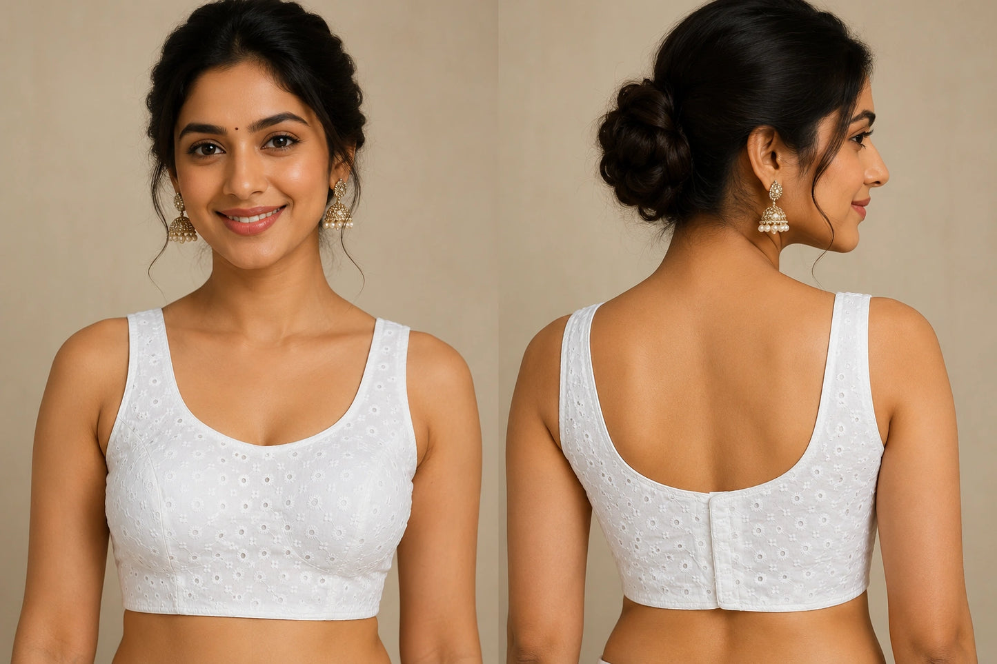 Elegant White Chikankari Cotton Sleeveless Readymade Blouse