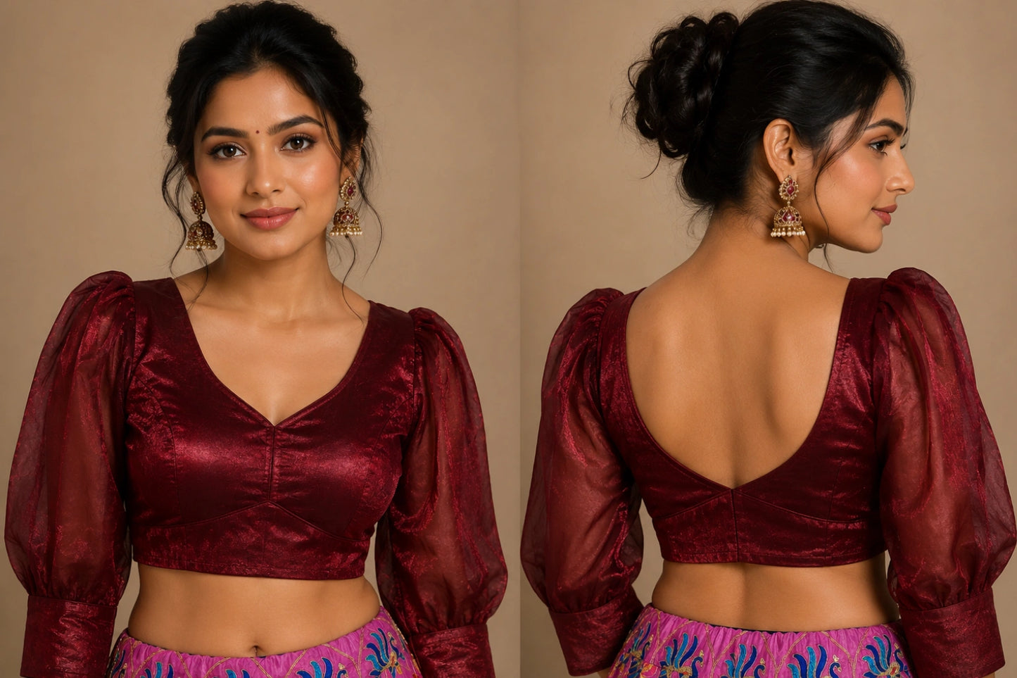 Trendy Fandy Fabric Shiny Readymade Blouse with Full Puff Sleeves