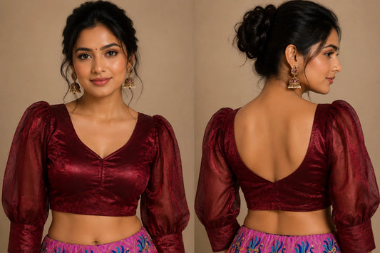 Trendy Fandy Fabric Shiny Readymade Blouse with Full Puff Sleeves