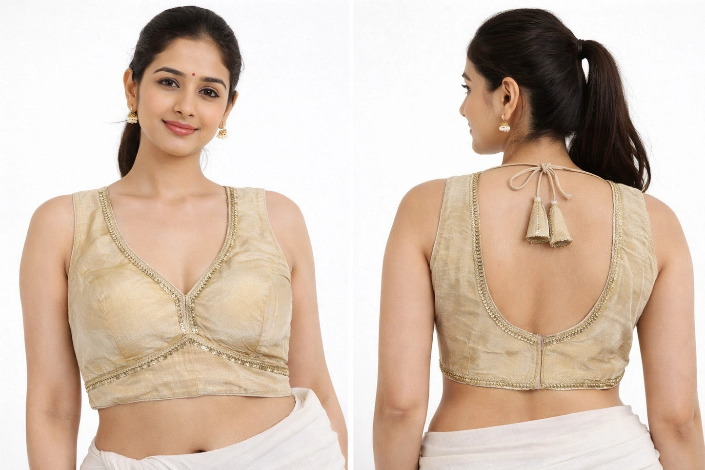 Luxury Minimal Blouse with Subtle Golden Lace Detailing