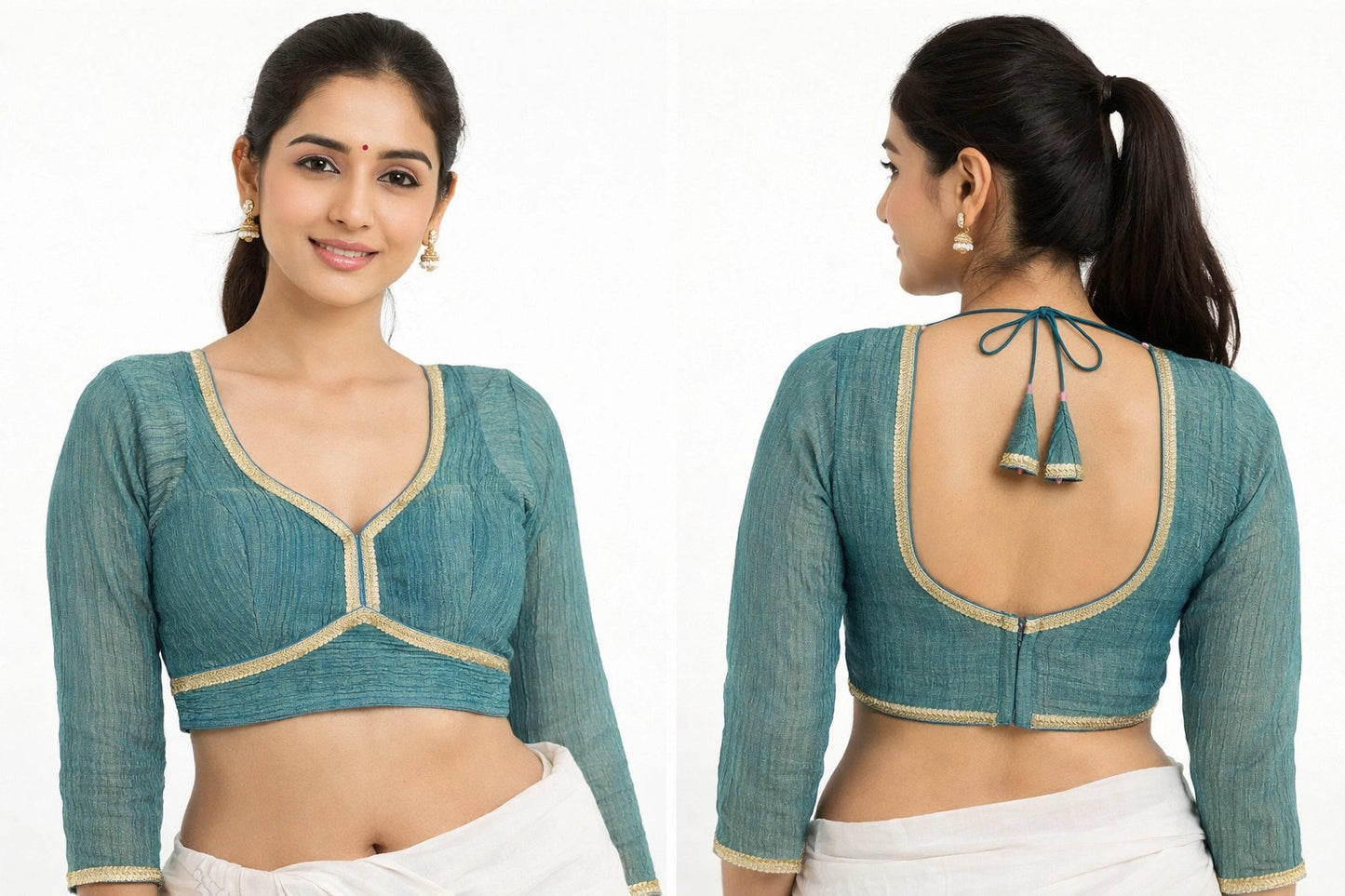 Full Sleeves Readymade Blouse with Golden Lace Work