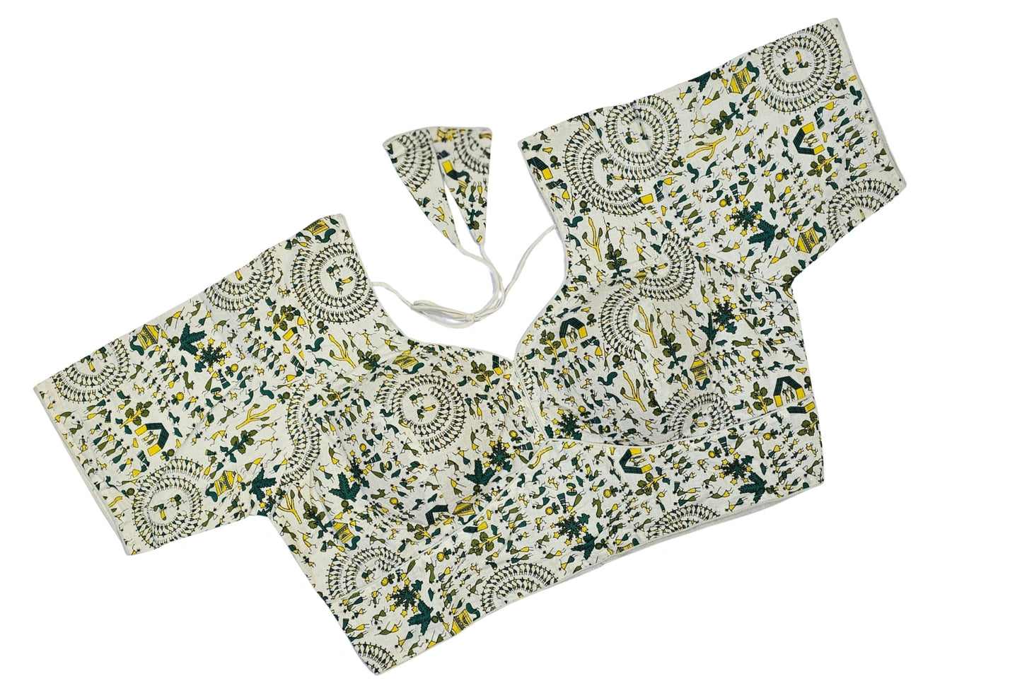 Cream Warli Print Pure Cotton Blouse with Plus Size Fit & Tie-Up Back