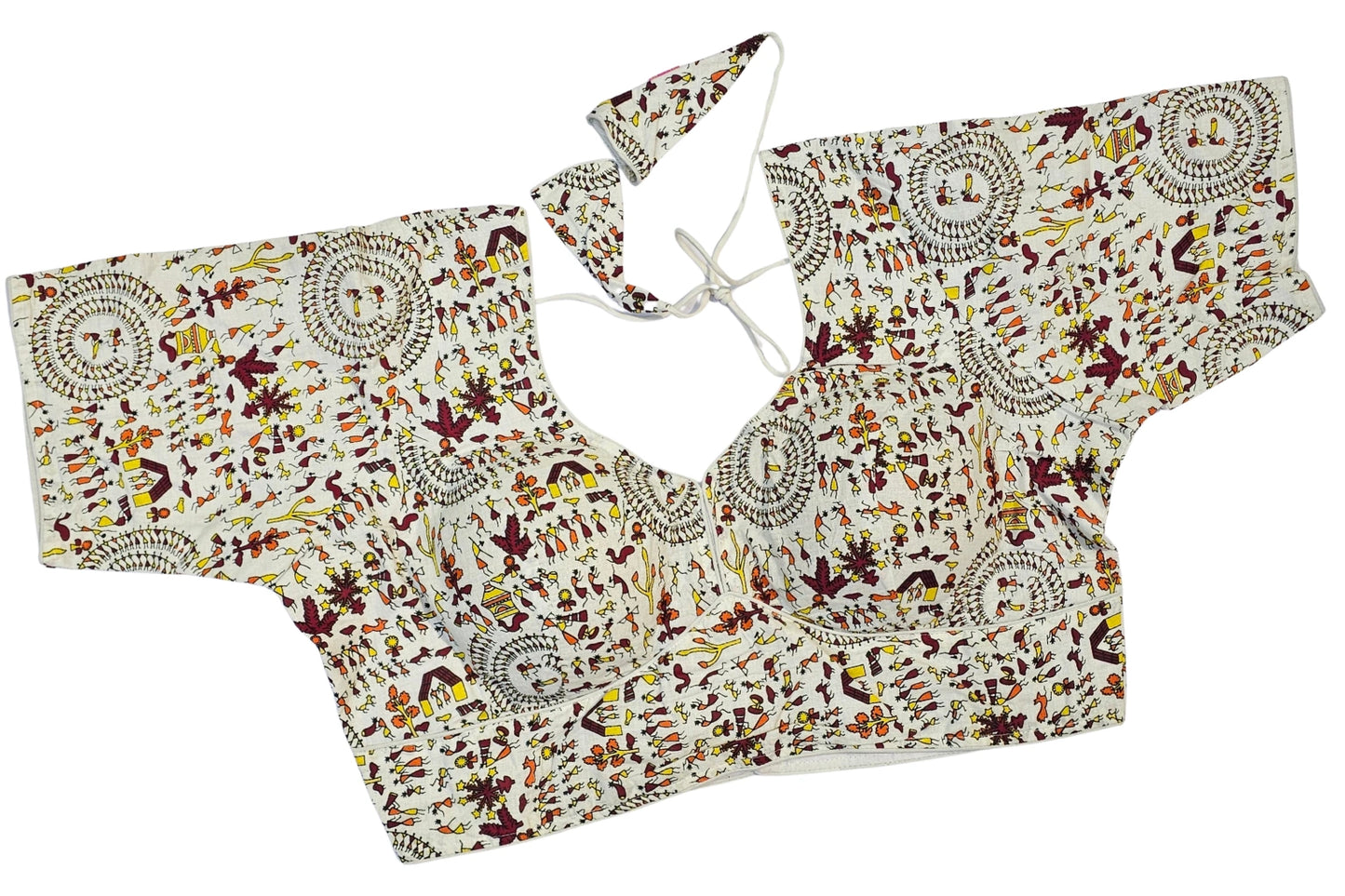Cream Warli Print Pure Cotton Blouse with Plus Size Fit & Tie-Up Back