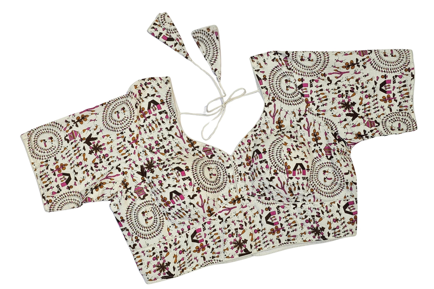 Cream Warli Print Pure Cotton Blouse with Plus Size Fit & Tie-Up Back