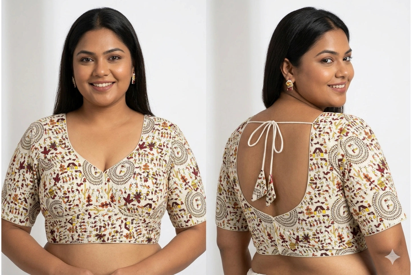 Cream Warli Print Pure Cotton Blouse with Plus Size Fit & Tie-Up Back
