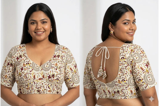 Cream Warli Print Pure Cotton Blouse with Plus Size Fit & Tie-Up Back